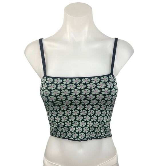 MNG Green Black Floral Square Neck Spaghetti Strap Cropped Tank Top Size XS - Picture 1 of 4